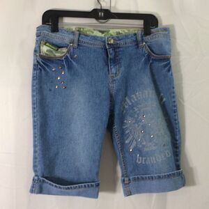 Makaveli Branded Y2K Vintage Denim Shorts Womens 13 Cuffed Flap Pockets Studded